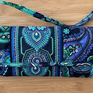 Vera Bradley Blue Green Floral Slim Tri-Fold Magnetic Clutch Crossbody Bag Purse